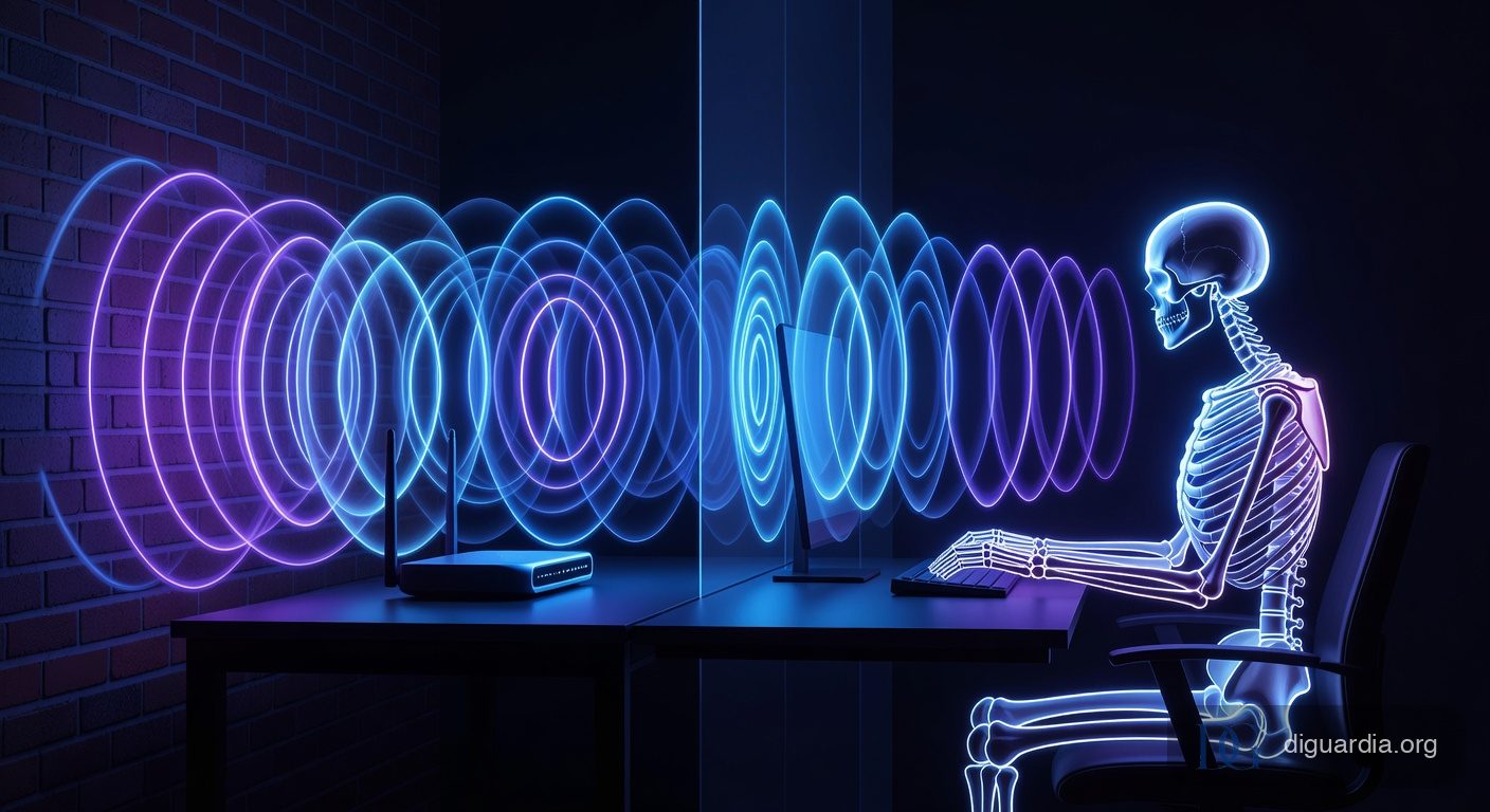 WiFi signals detecting human pose through walls, futuristic illustration