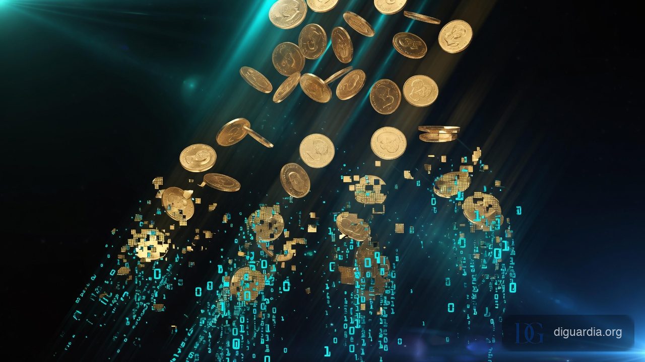 Gold coins disintegrating into digital pixels, symbolizing the 1000x collapse in AI inference costs