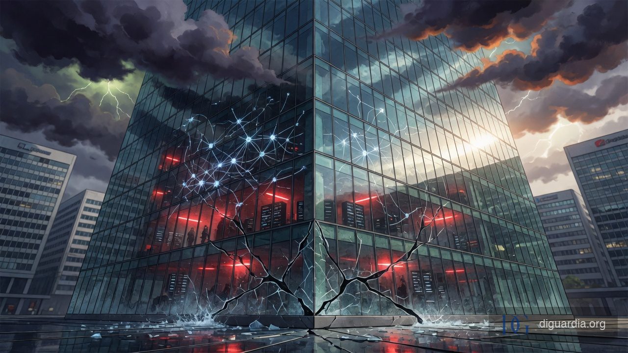 Glass skyscraper with cracks at the base reflecting neural network patterns, symbolizing AI stock market fragility