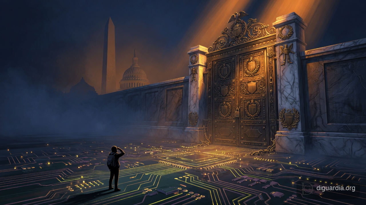 A massive government gate looming over a glowing circuit-board landscape, symbolizing US government gatekeeping of frontier AI access