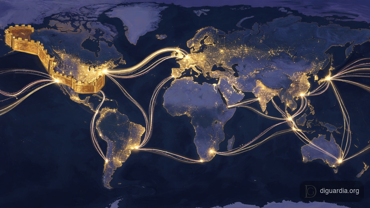 A glowing world map at night showing a golden wall around North America while bright streams of open-weights AI route around it through Europe, Asia and South America, illustrating how the global developer ecosystem will respond to US gatekeeping.
