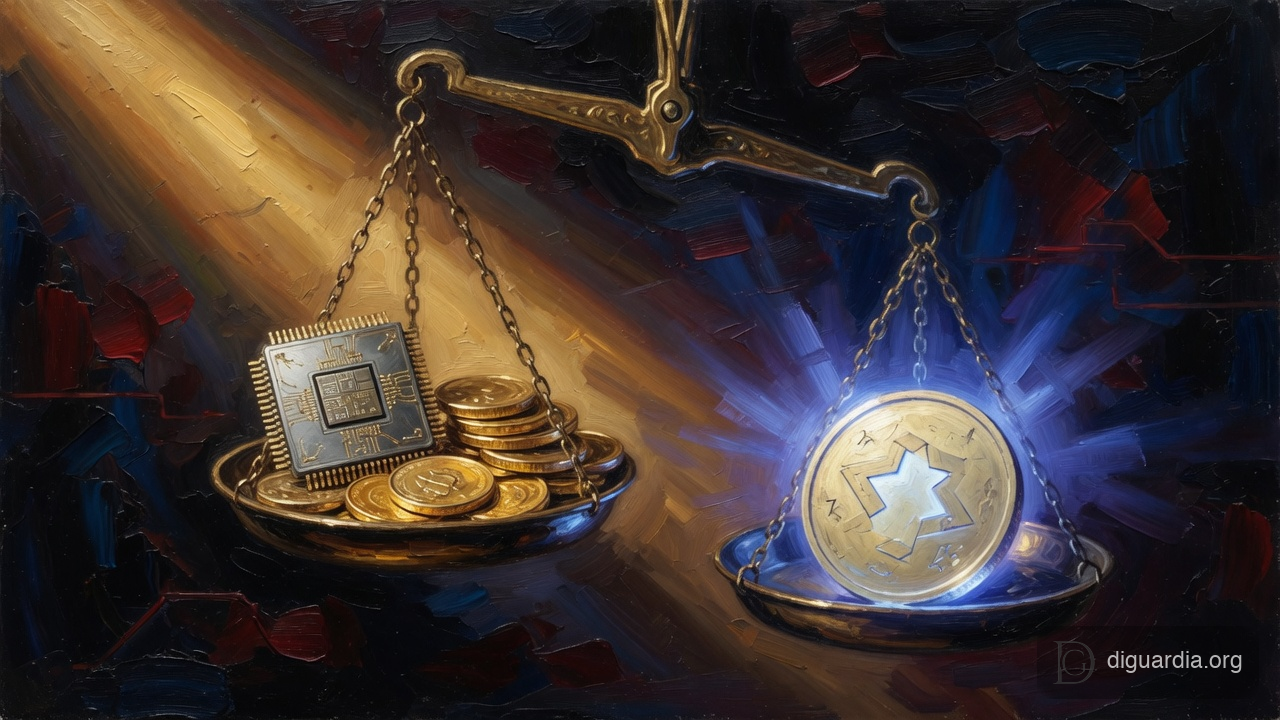 A balance scale weighing a semiconductor chip and gold coins against a single cheap AI token