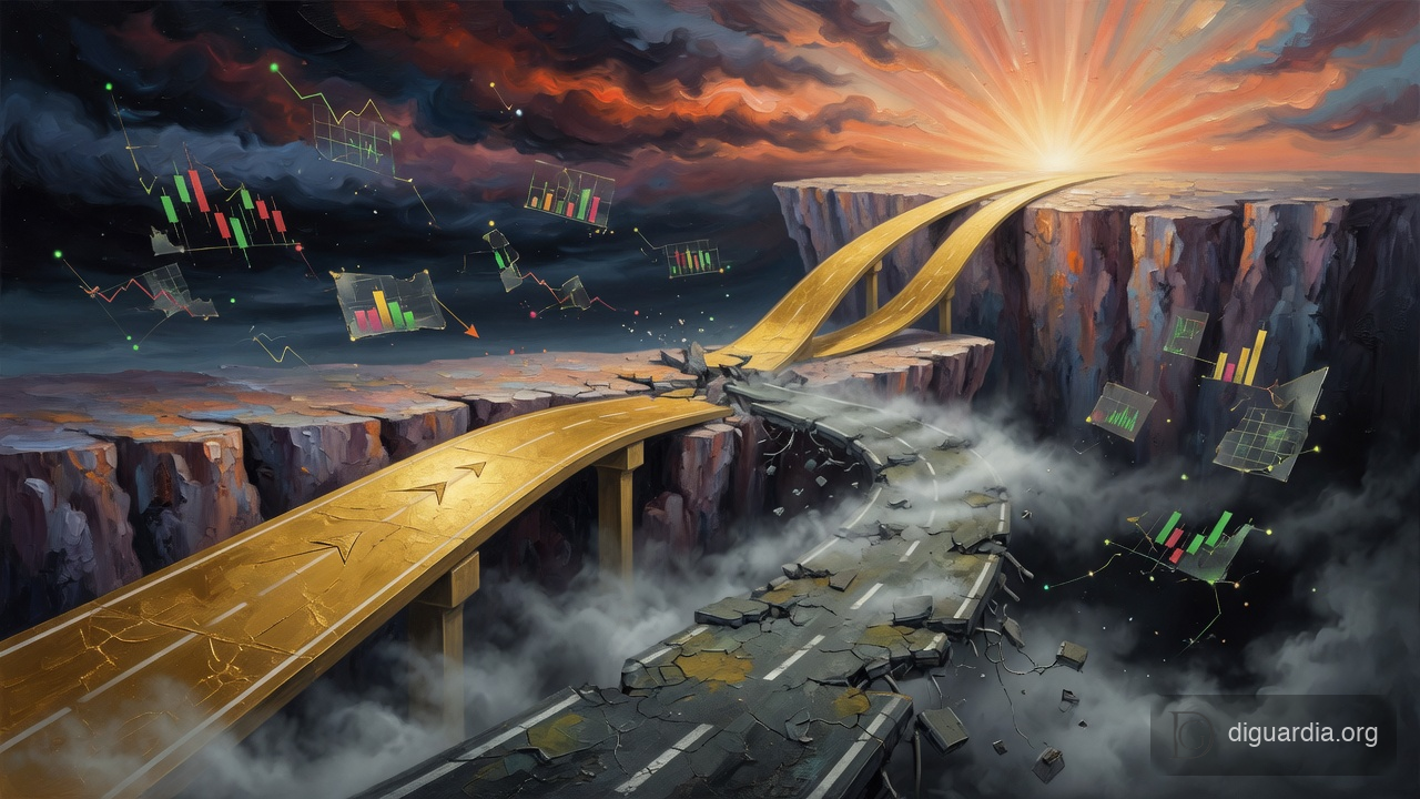 A diverging road splitting into a golden highway and a crumbling foggy one representing stock market dispersion