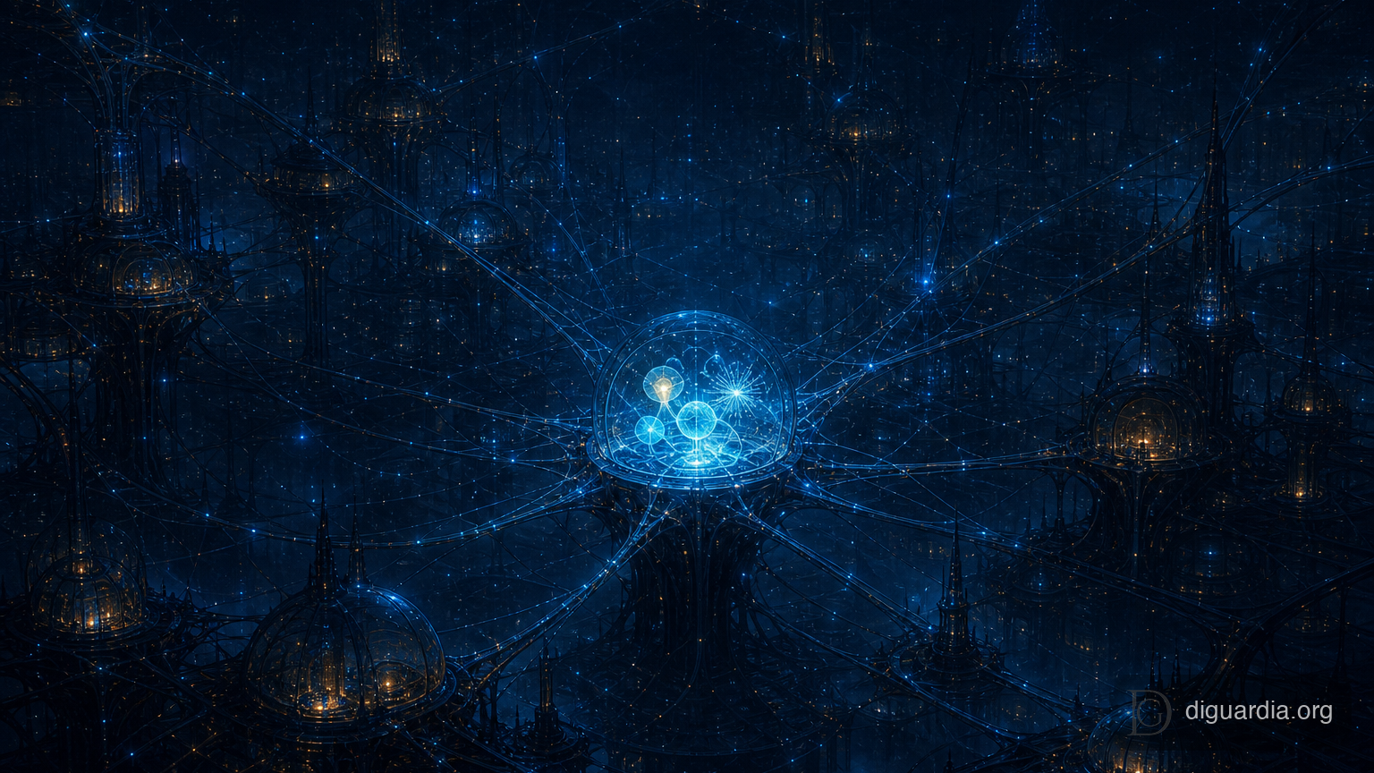Abstract neural architecture with a luminous global workspace inside a Claude language model