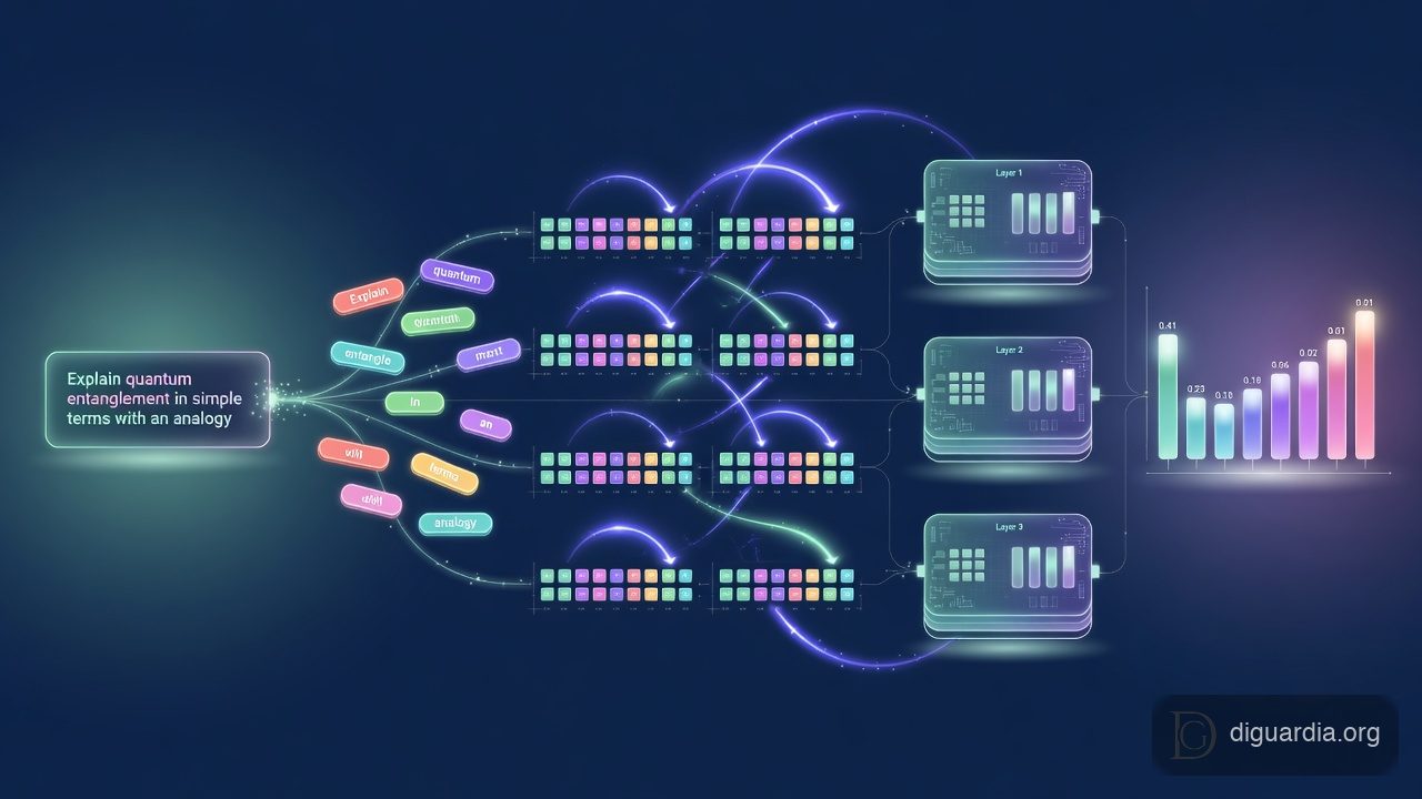 A glowing neural network pipeline turning a prompt into token chips, vectors, attention arcs, transformer layers, and a probability chart