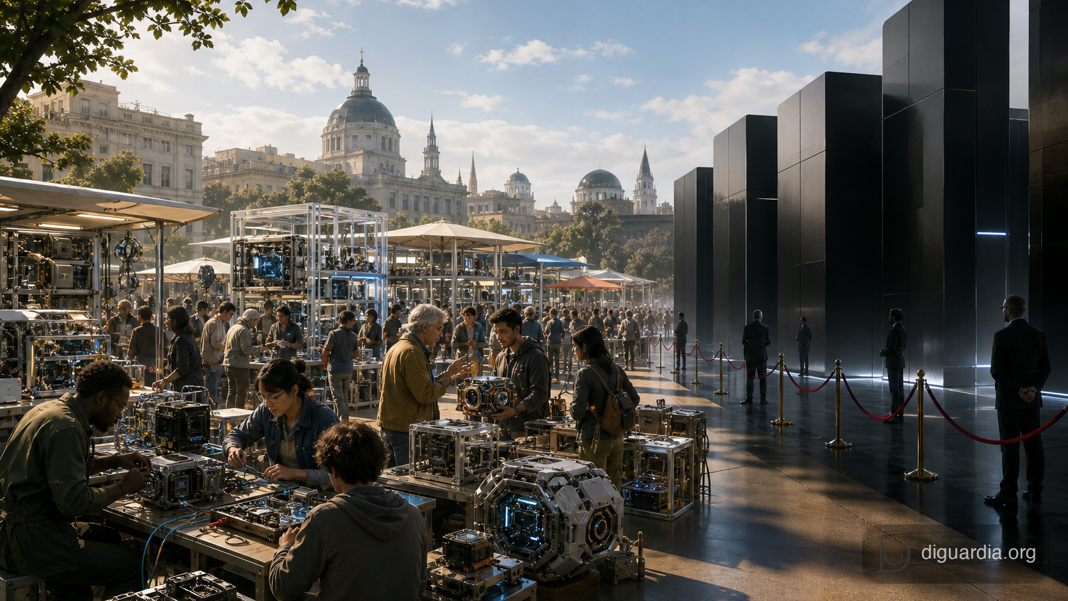 An open competitive marketplace of AI engines facing sealed black-box towers